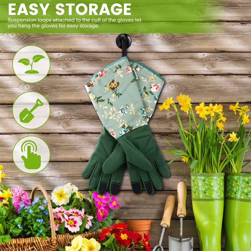 WANCHI Gardening Gloves for Women, Comfortable Floral Long Sleeve Garden Gloves for Gardening and Outdoor Work, Durable Leather Long Gardening Gloves, Great Gift Ideas for Ladies, Green Print (Large) - Image 5